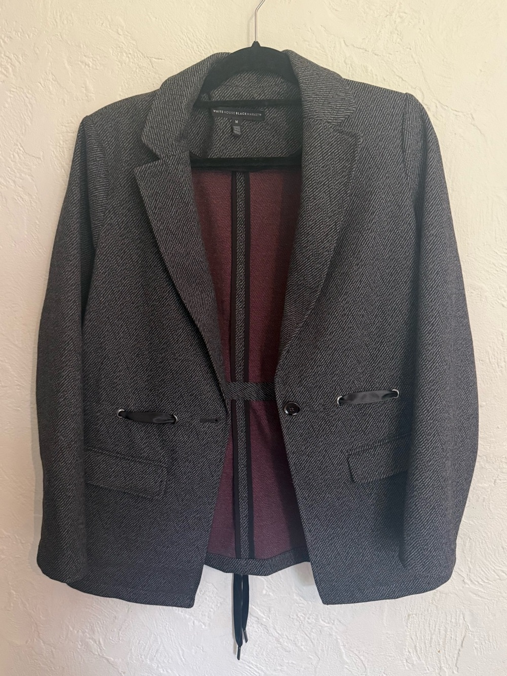 White House Black Market Gray Herringbone Ribbon Tie Blazer Size M